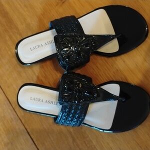 Laura Ashley Black Sandals with Woven Strap. Size 7 1/2. Perfect For Weddings.